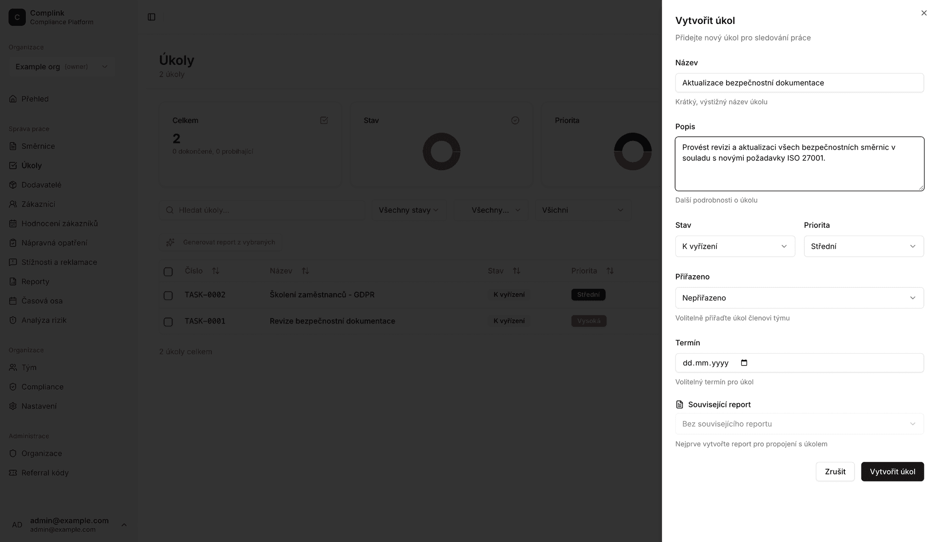 Dialog pro vytvoření úkolu