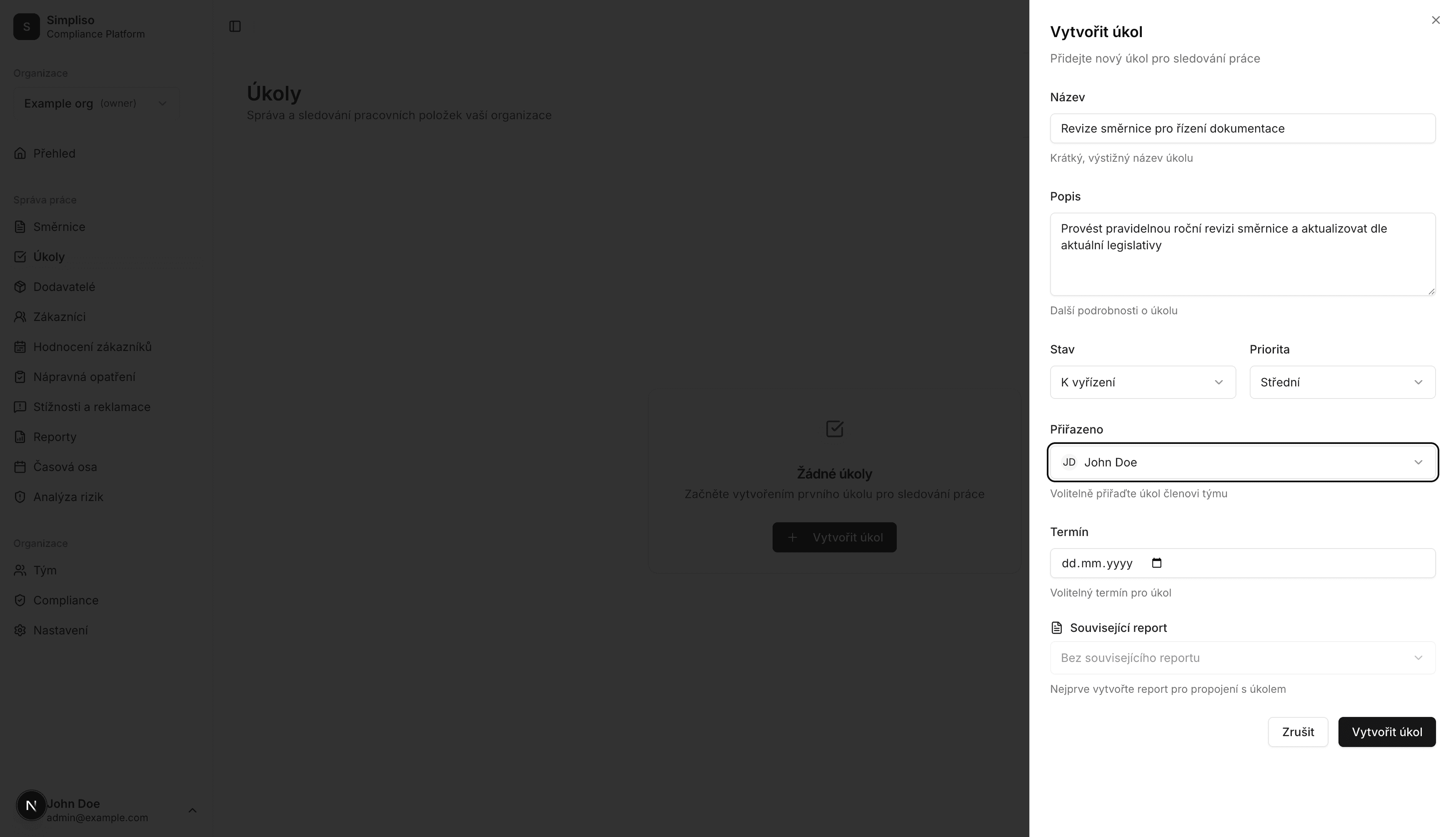 Dialog pro vytvoření úkolu