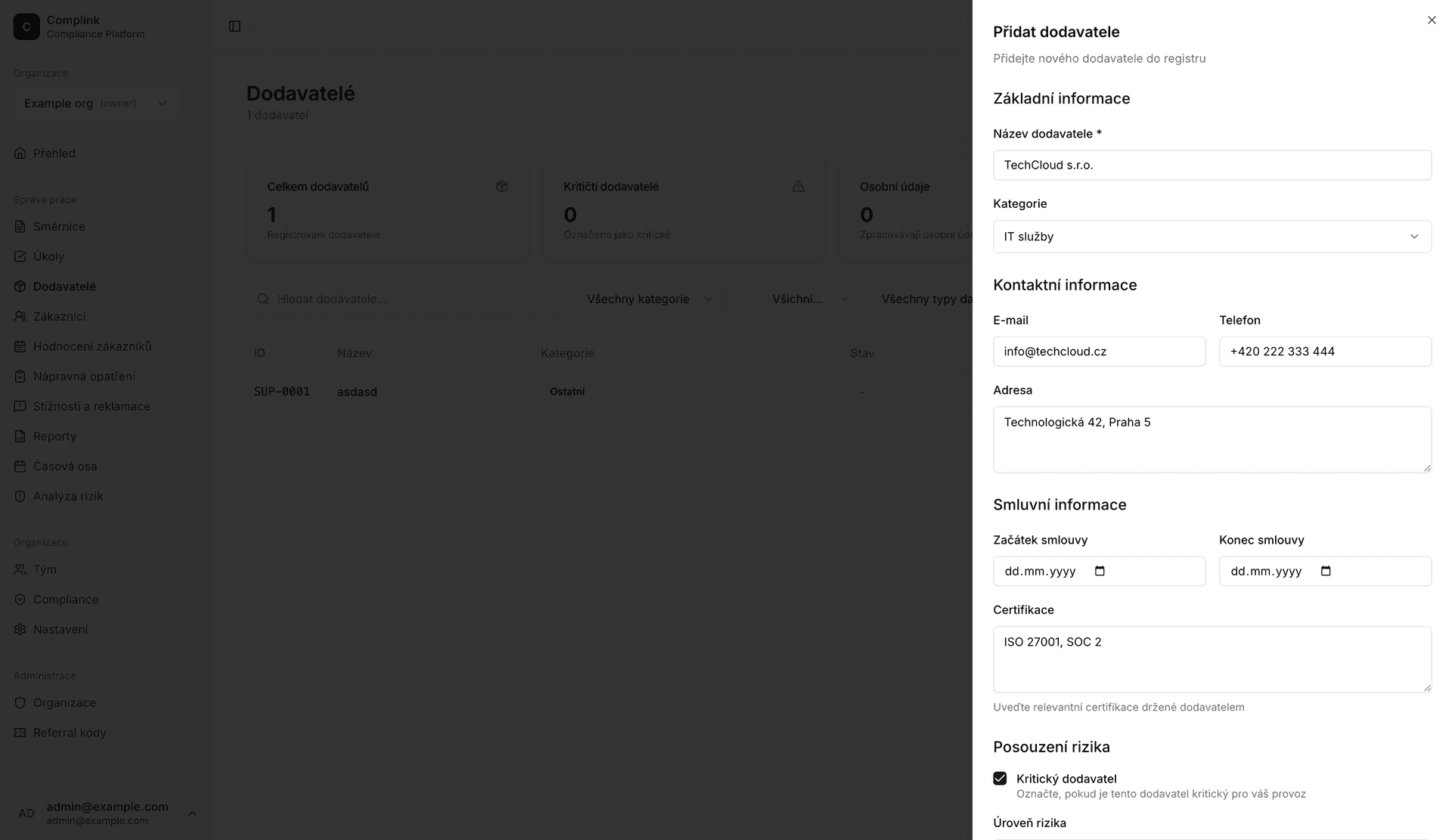 Dialog pro vytvoření dodavatele