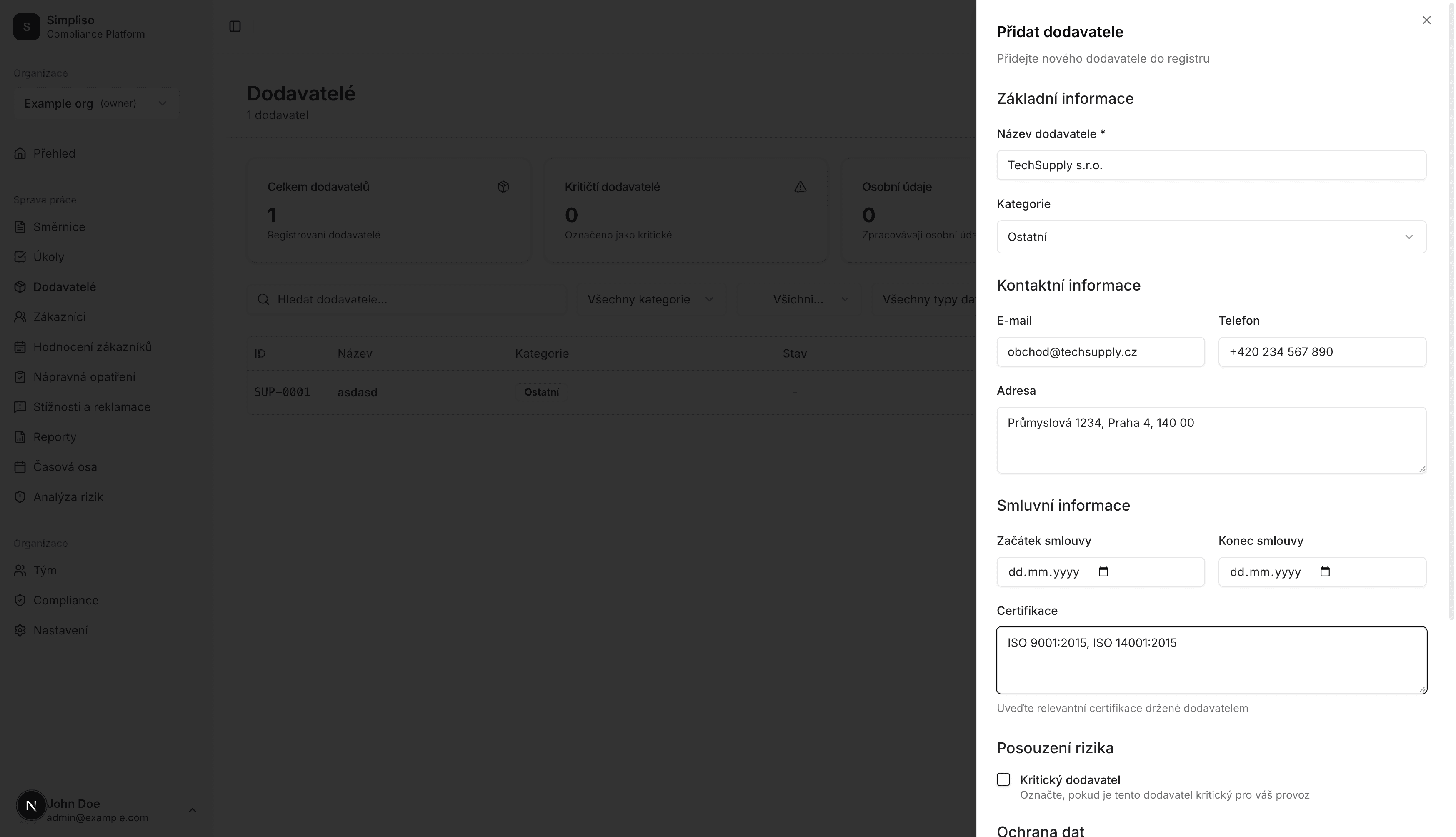 Dialog pro vytvoření dodavatele