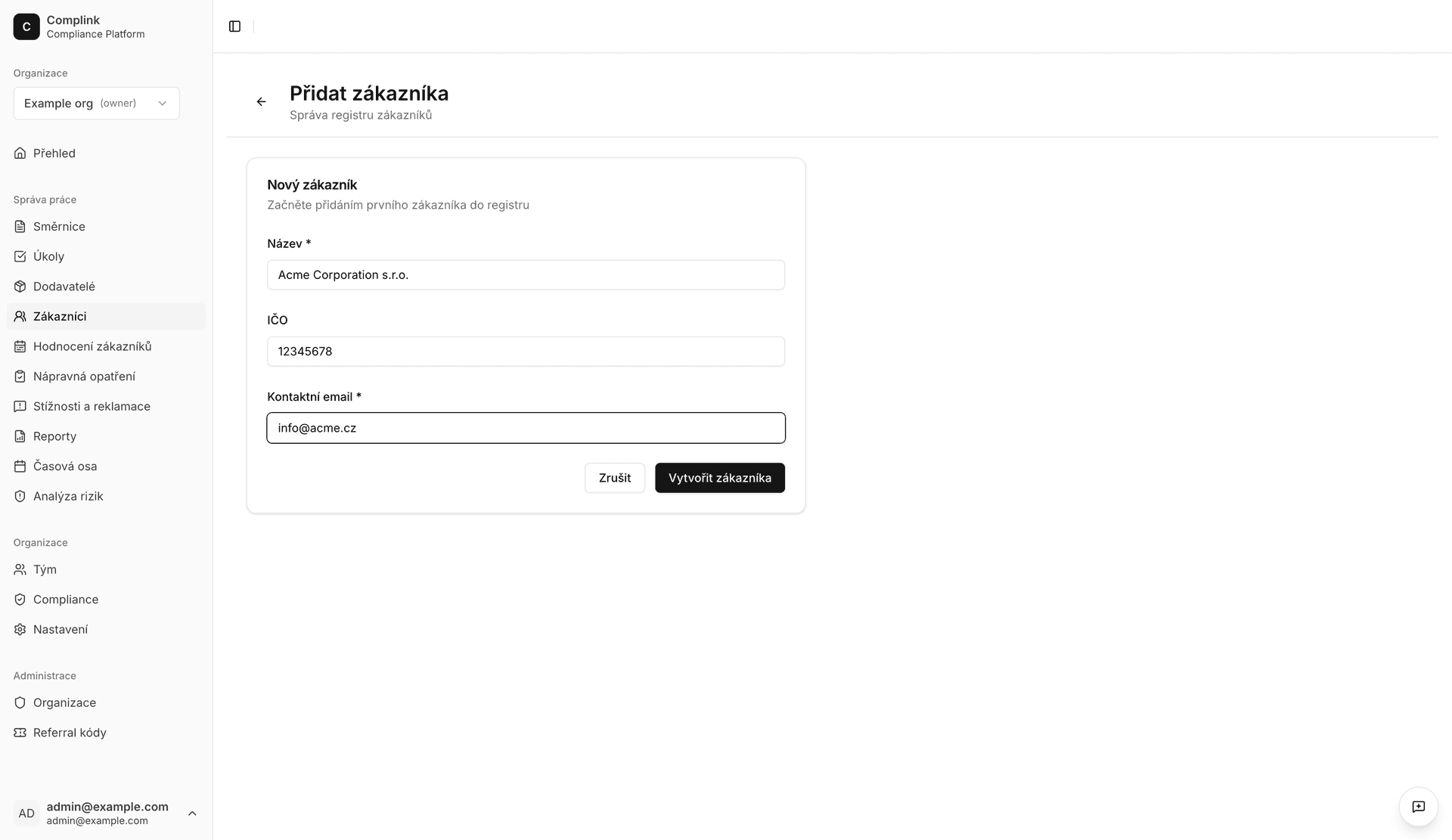 Formulář pro vytvoření zákazníka