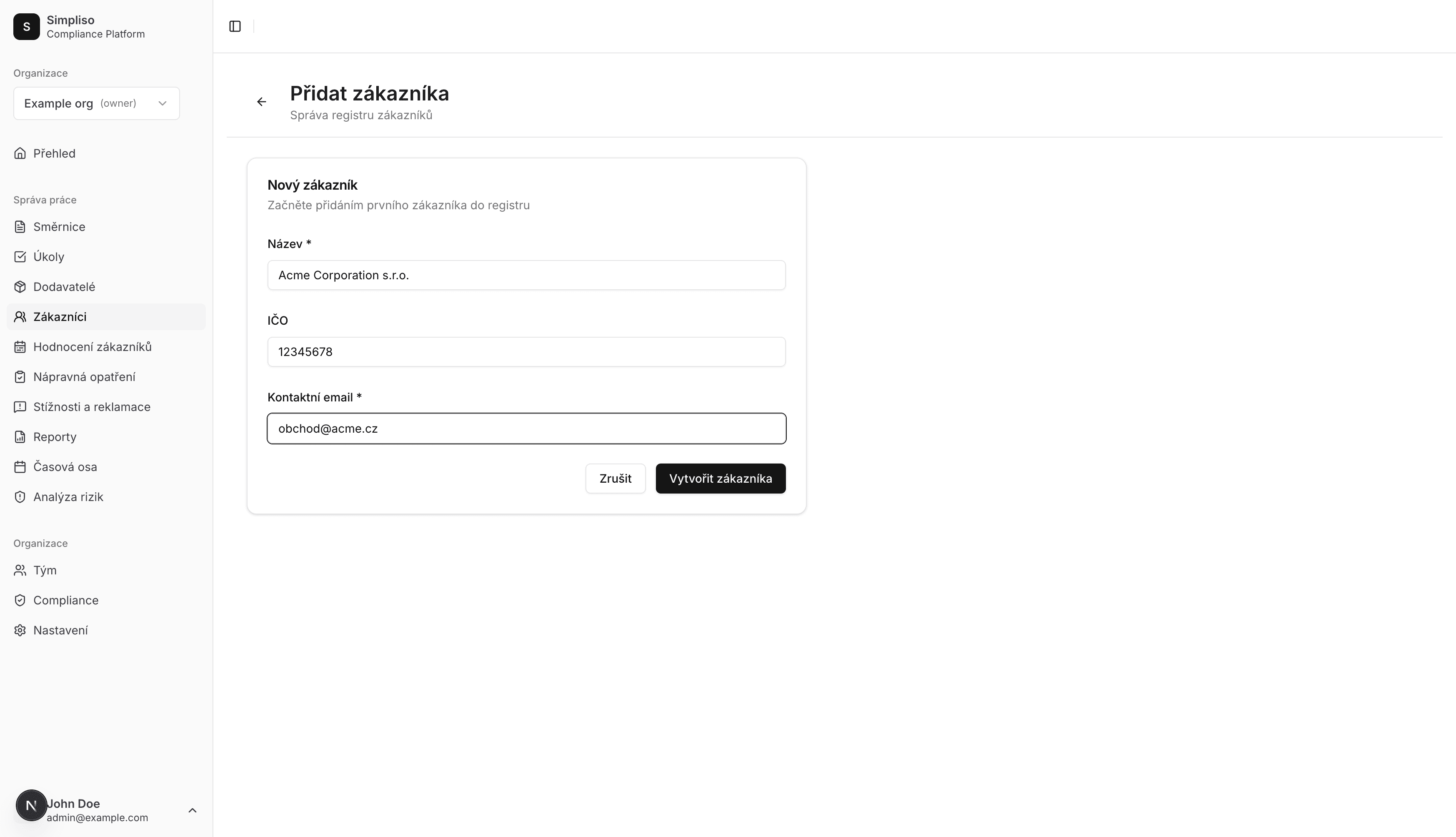 Formulář pro vytvoření zákazníka