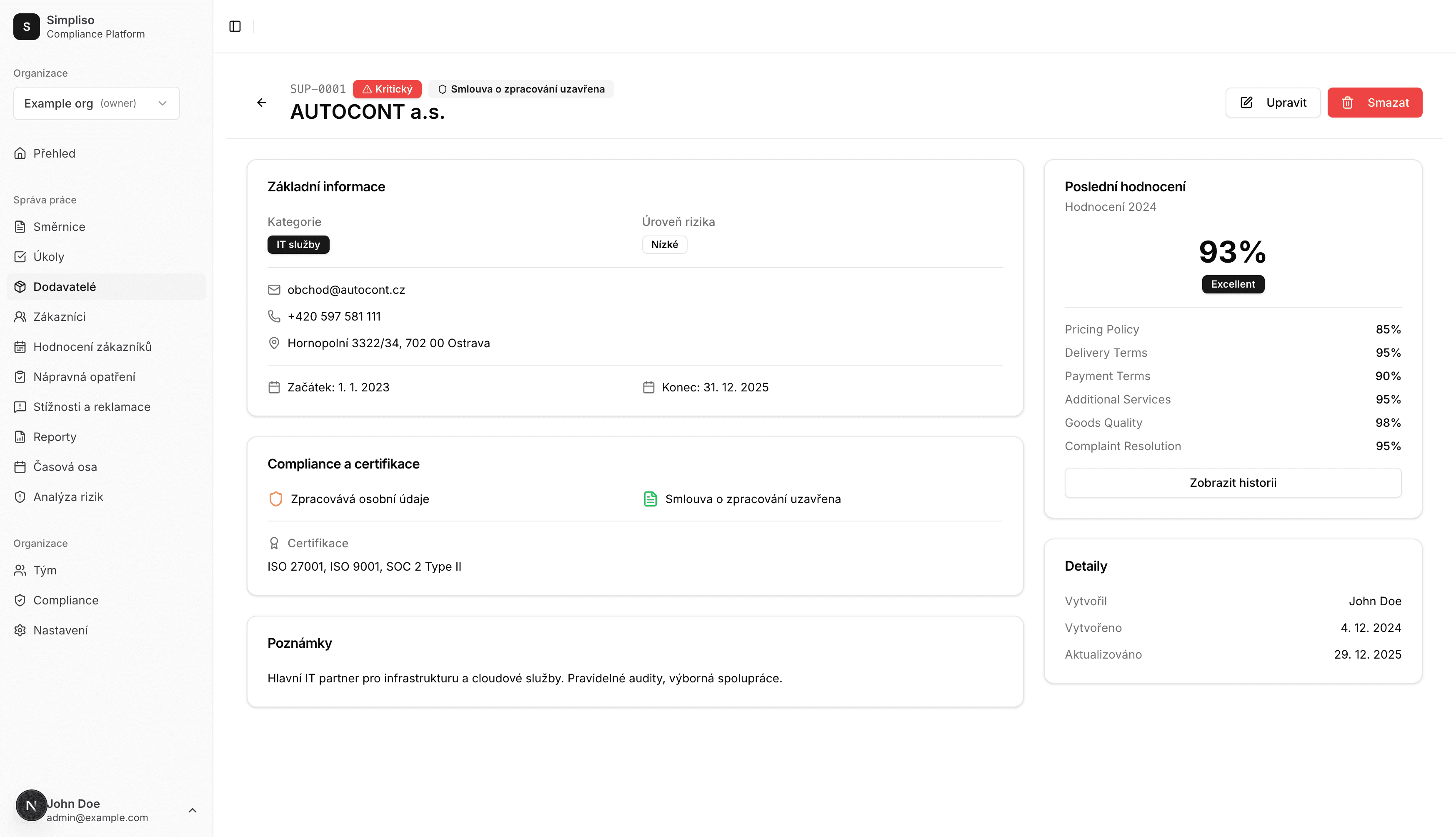 Detail dodavatele s hodnocením