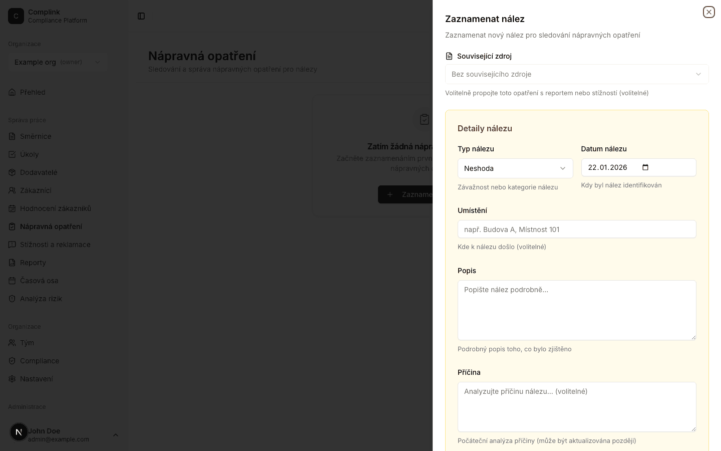 Formulář pro vytvoření nápravného opatření