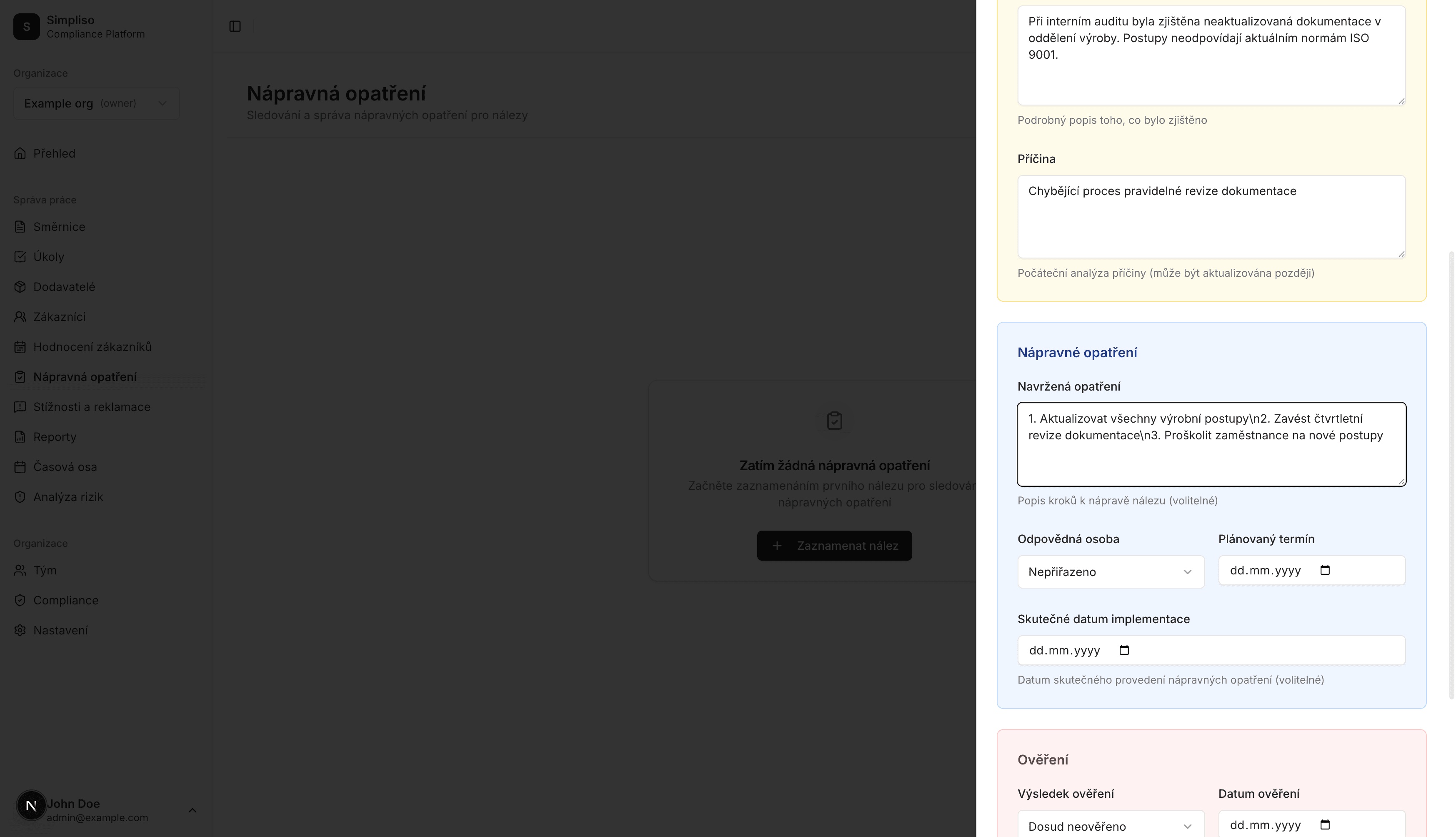 Formulář pro vytvoření nápravného opatření