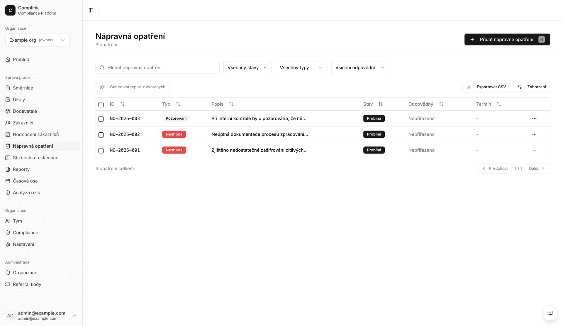 Seznam nápravných opatření