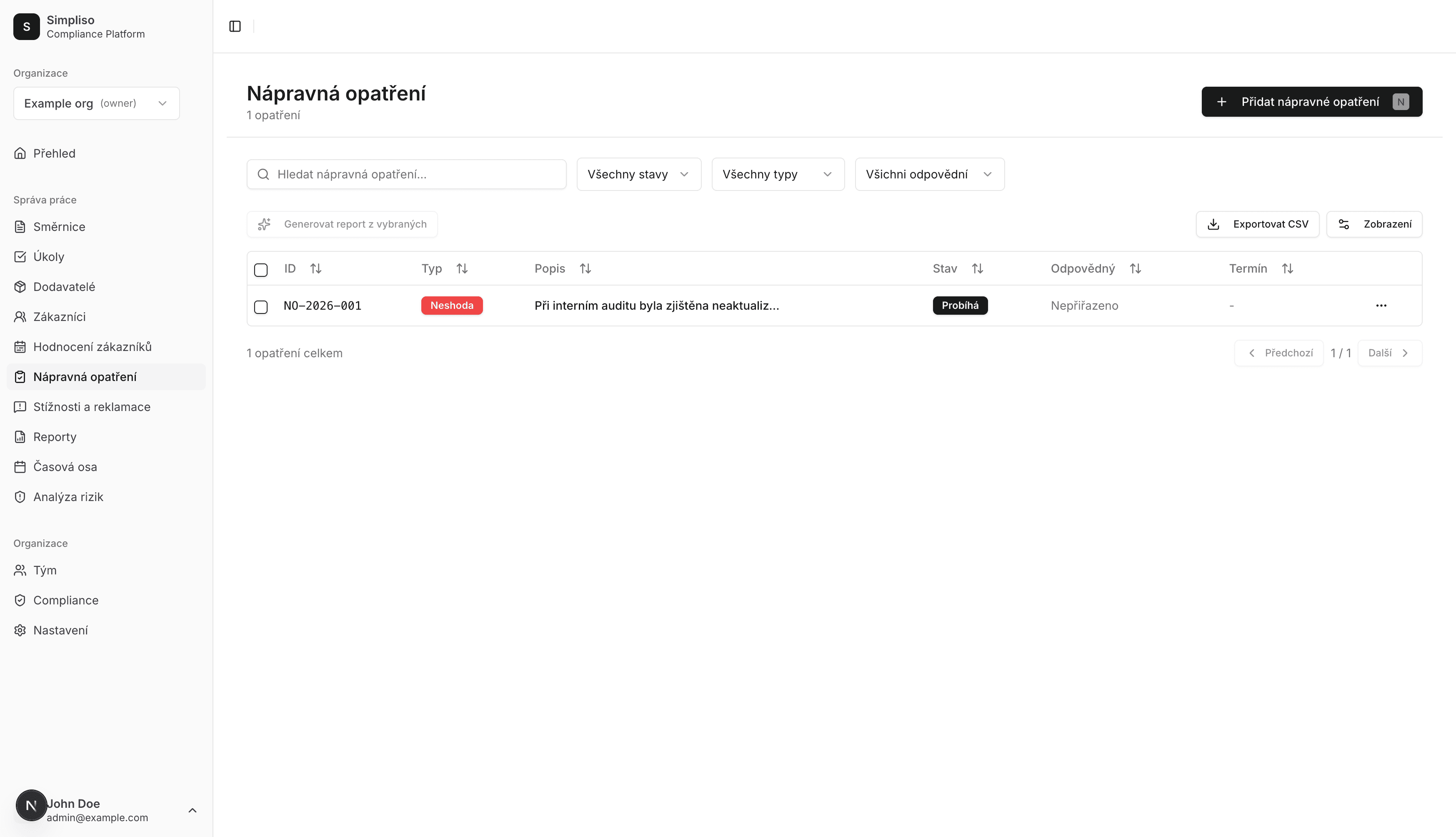 Seznam nápravných opatření