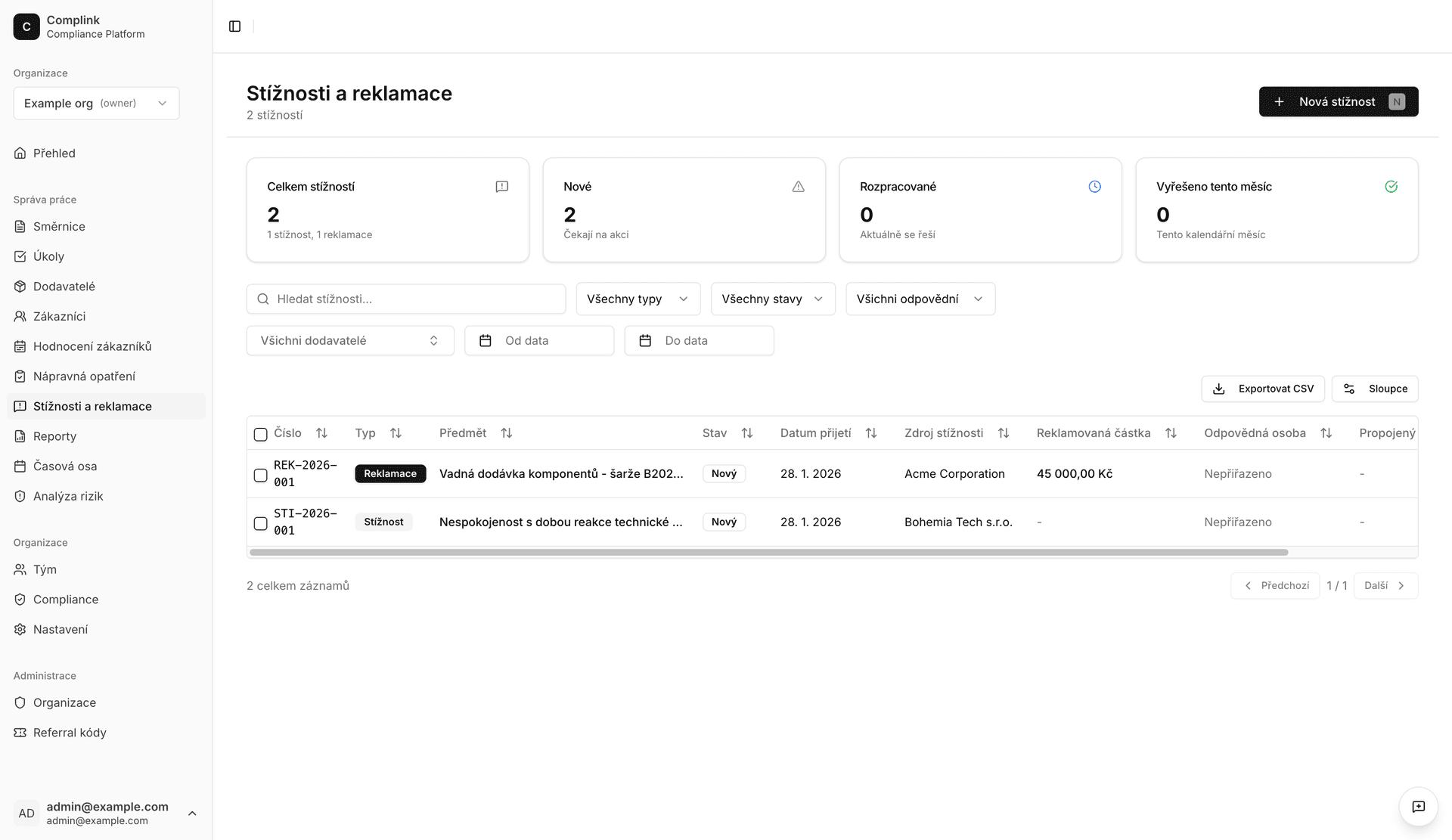 Seznam stížností a reklamací