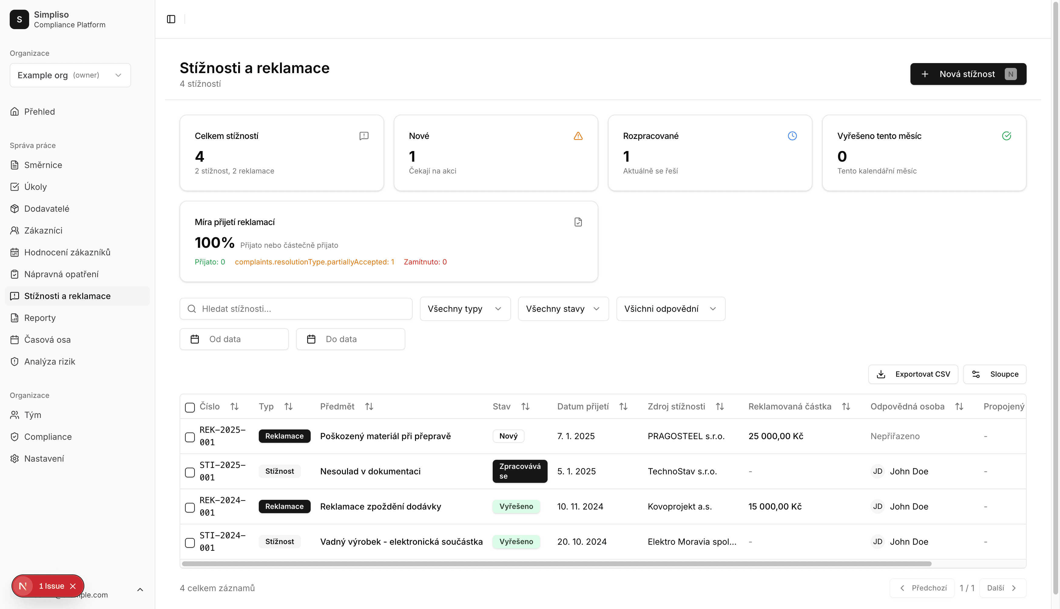 Seznam stížností a reklamací