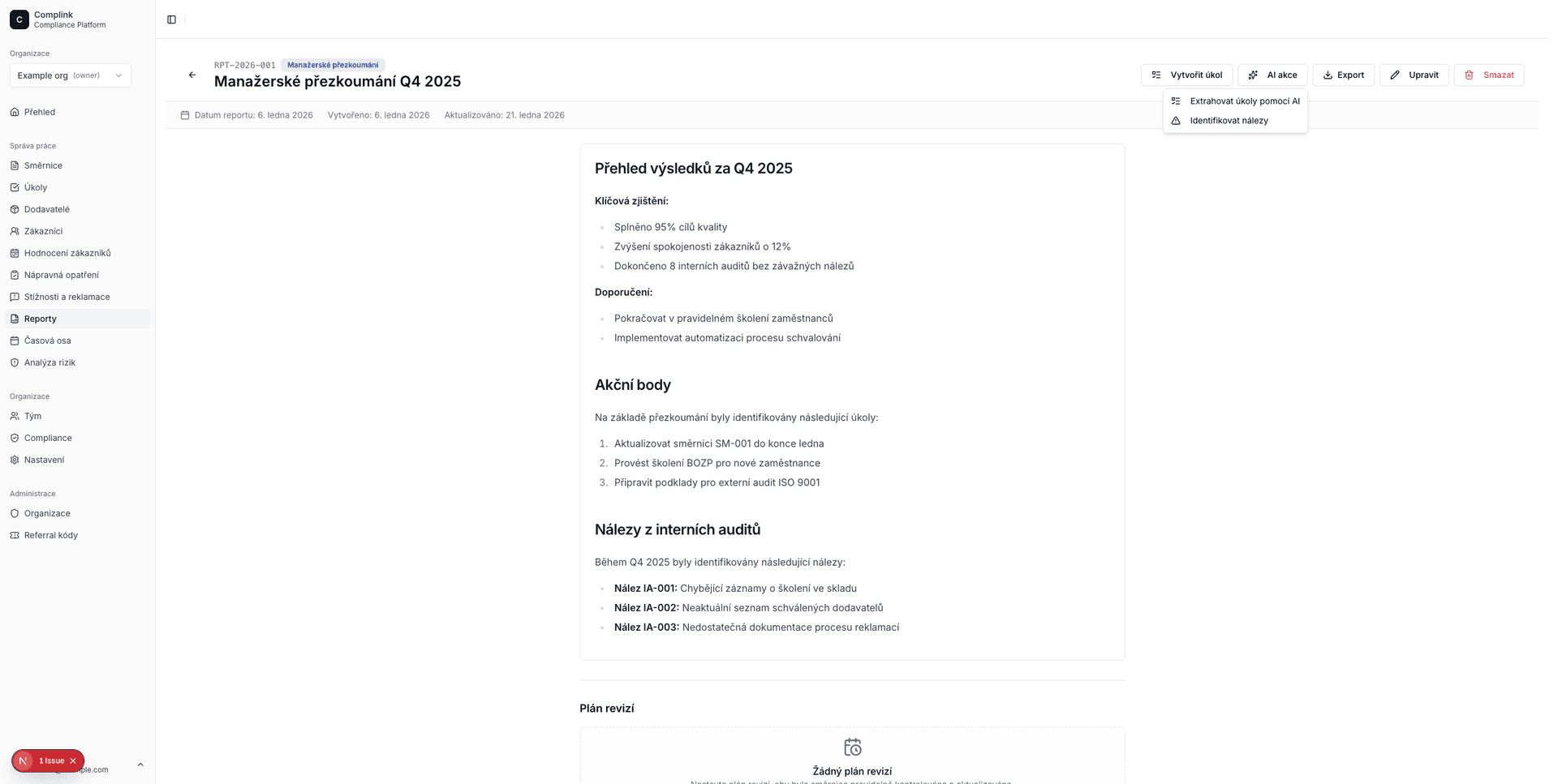 Menu AI akcí v reportu