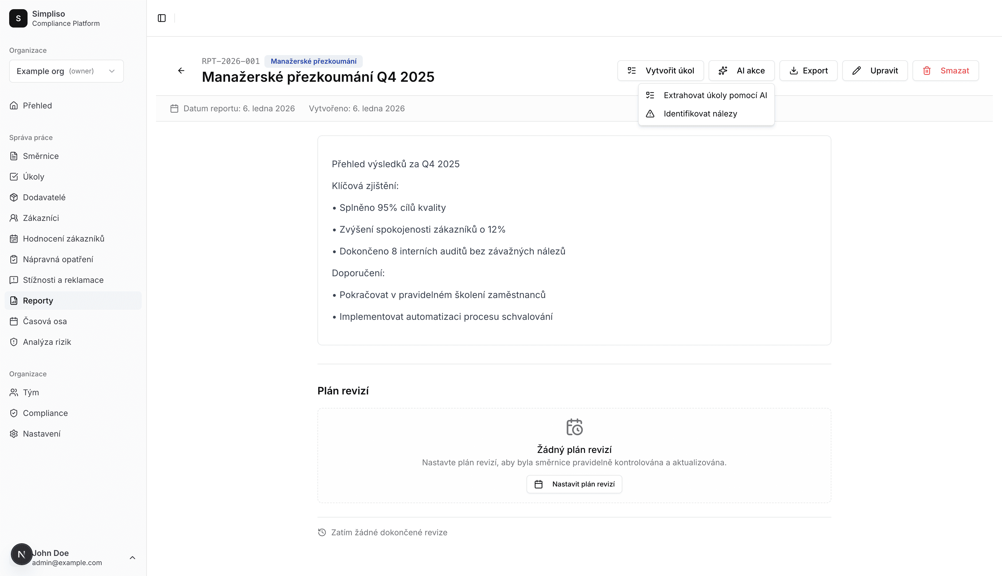 Menu AI akcí v reportu