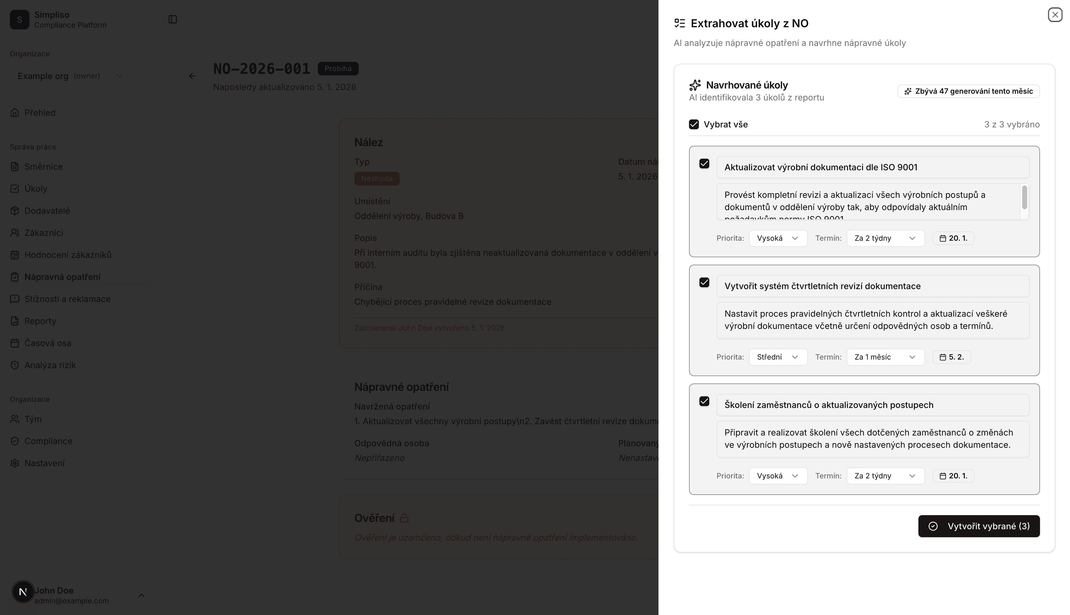 Dialog extrakce CAPA úkolů pomocí AI